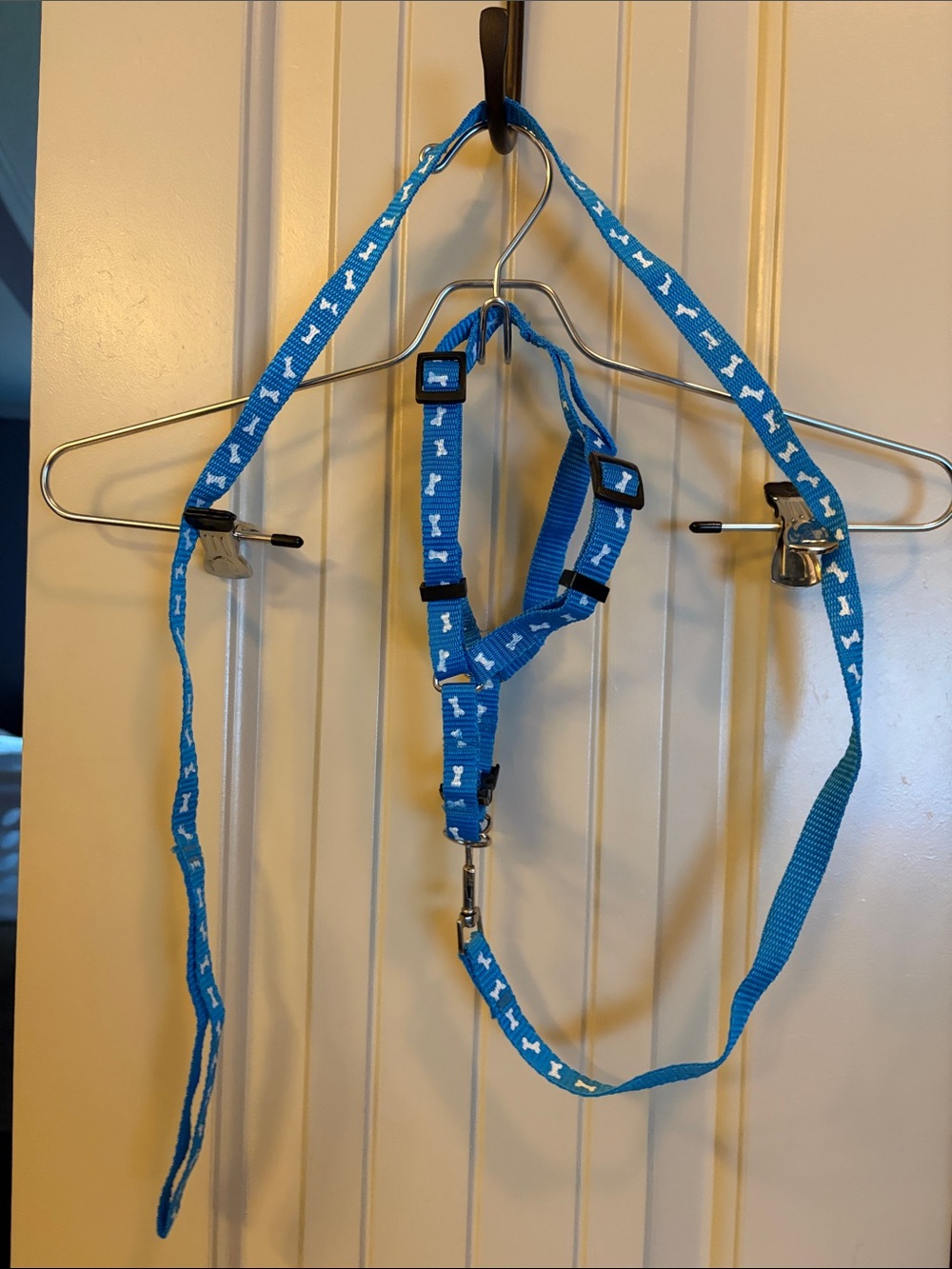 Adjustable Blue Dog Harness and Leash Set with Bone Print